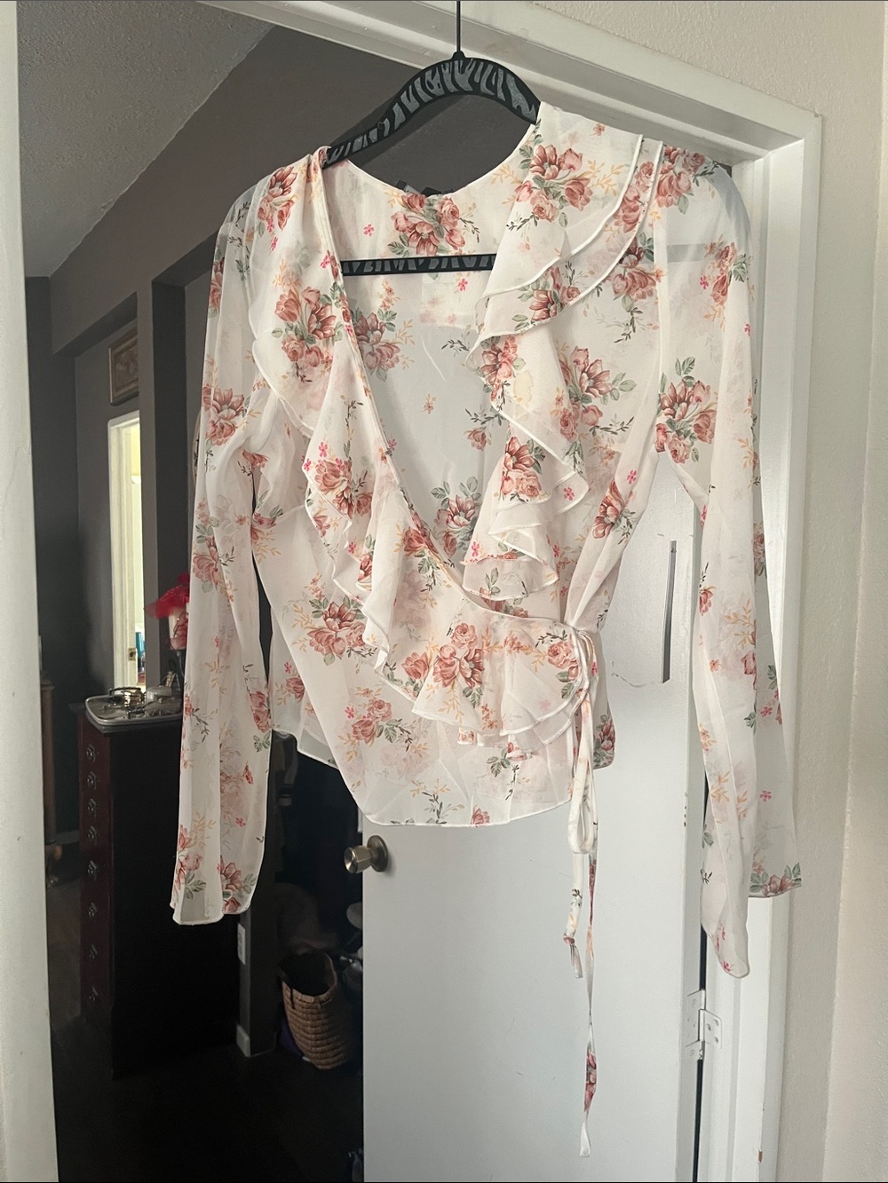 Moa Moa White Wrap Blouse with Pink Floral Print